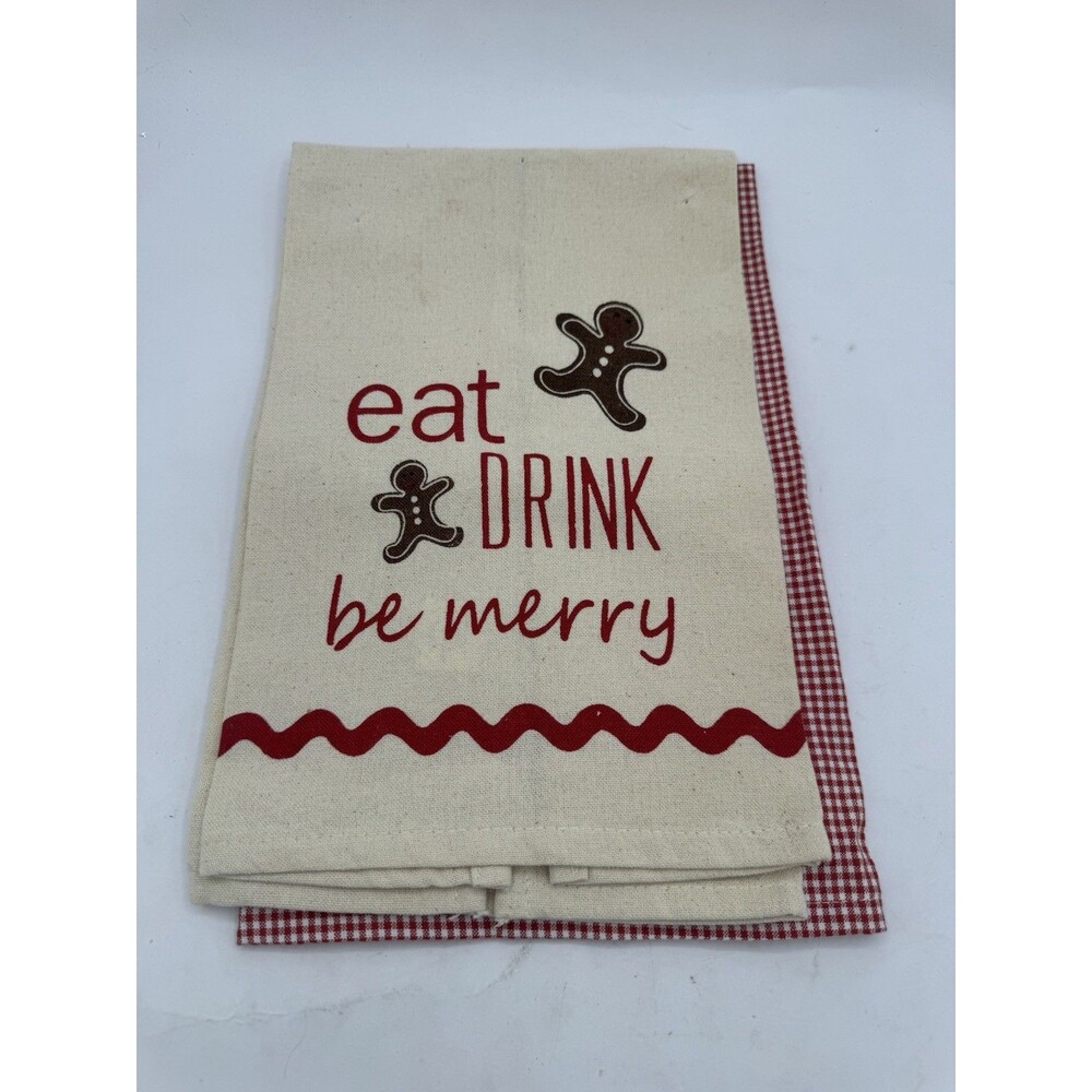 Eat Drink Be Merry Christmas Hand Towels Gingerbread Gingham Print Cotton